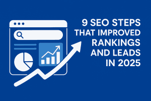 Illustration of SEO strategy steps increasing Google rankings with graphs and website visuals
